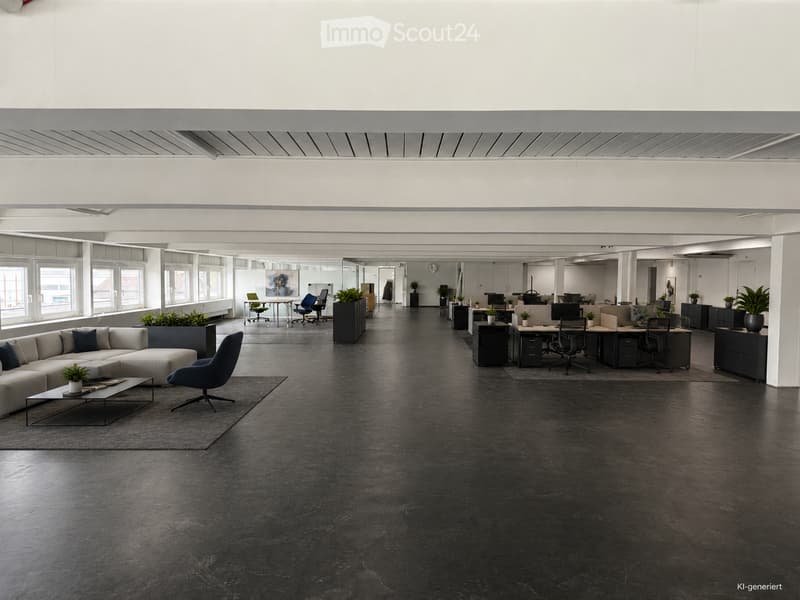 Open-plan office space with dark polished concrete floors, white walls, large windows, and modern furniture including sofas, desks, office chairs, and plants.