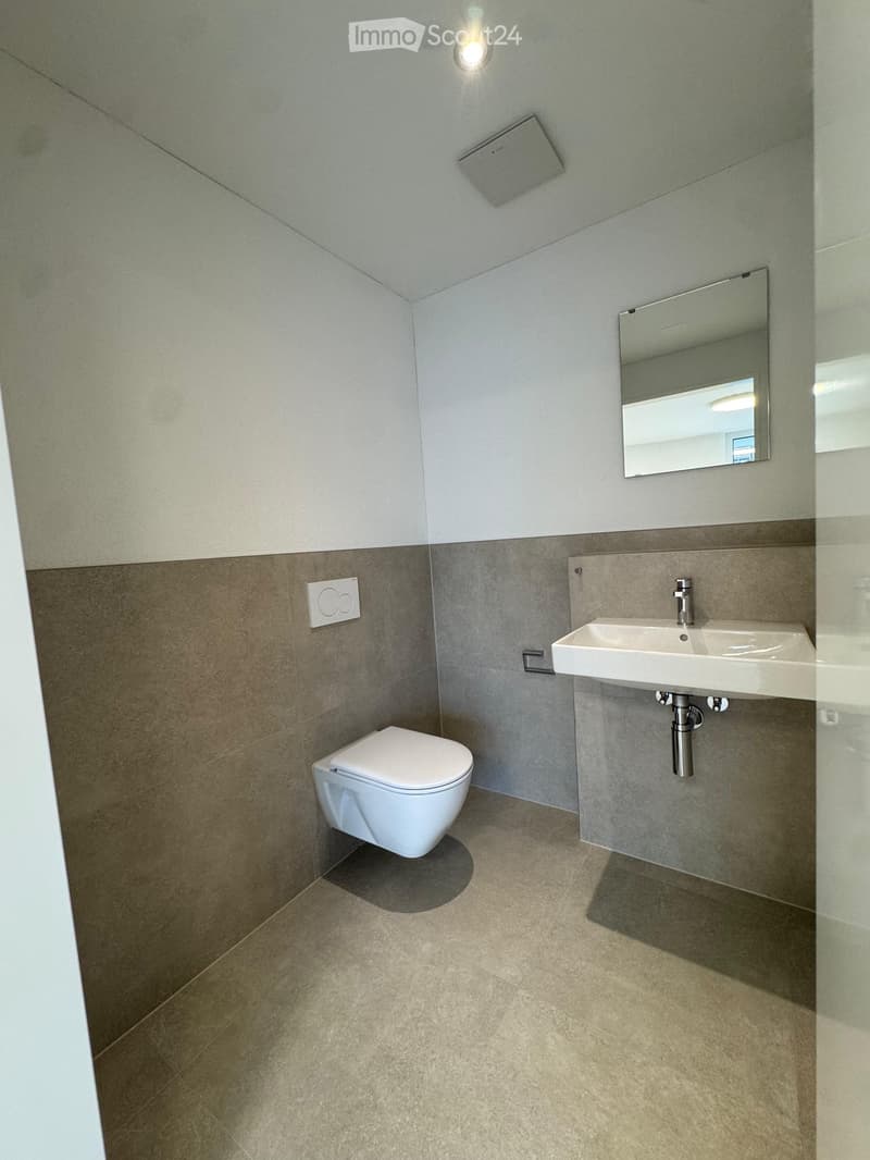 Empty bathroom with gray walls, white tiled floor, white ceramic sink, mirror and toilet