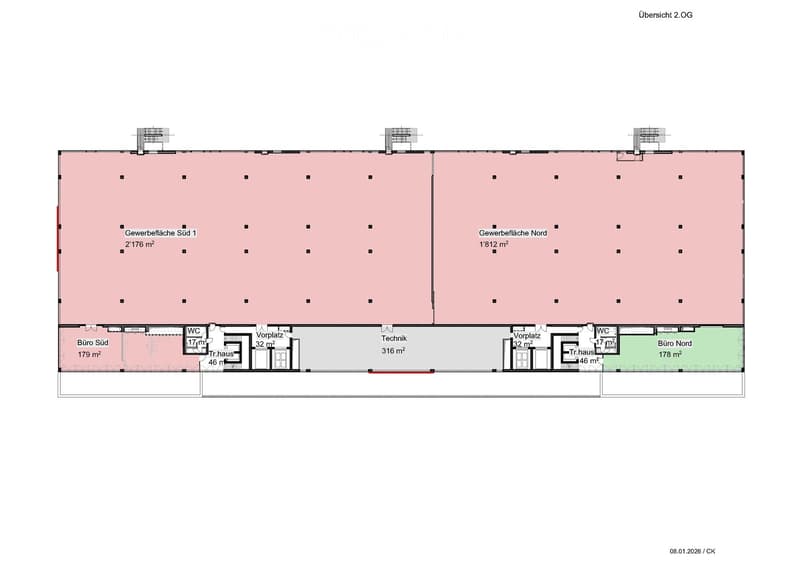 Office space on the ground floor and first floor, with separate office units and technical rooms