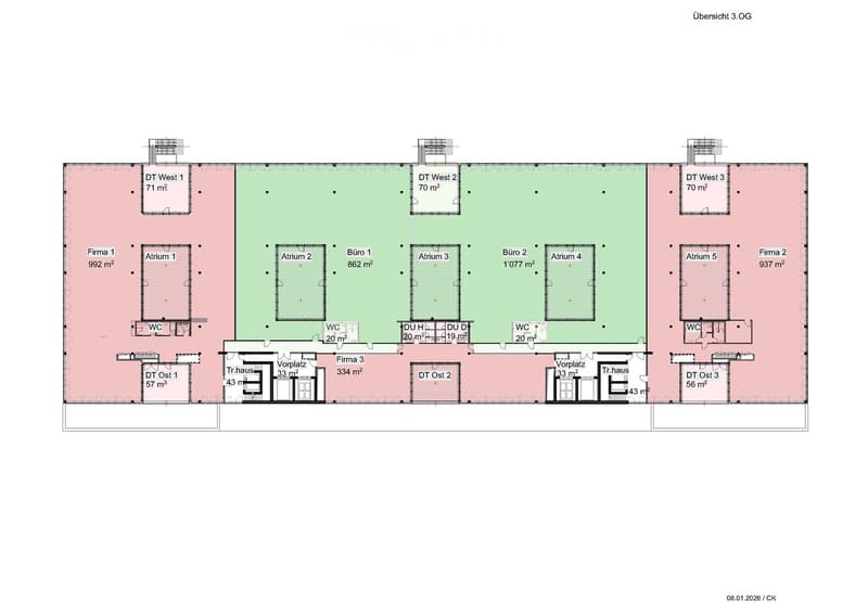 Floor plan shows three offices with their sizes and three atriums connecting them, with a large lobby and two smaller lobbies, all WCs are noted.