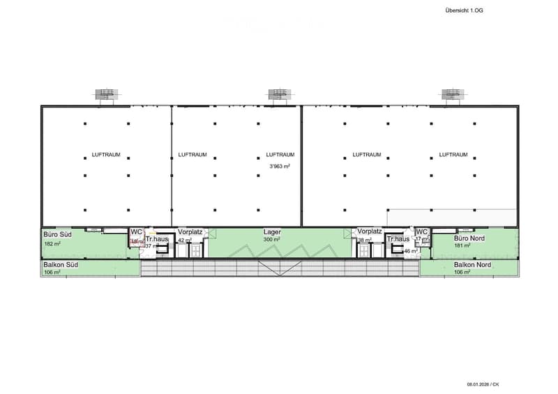 Floor plan: Büro Süd, Tr. haus, WC, Vorplatz, Lager, Büro Nord, Balkon Süd, Balkon Nord