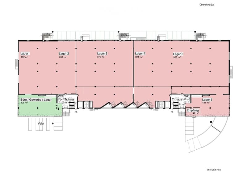 Warehouse or commercial space with multiple sections: Lager1 (782m²), Lager2 (692m²), Lager3 (876m²), Lager4 (824m²), Lager5 (928m²), Büro/Gewerbe/Lager (305m²), Tr.haus (51m²), Lager 6 (431m²), Empfang (42m²)