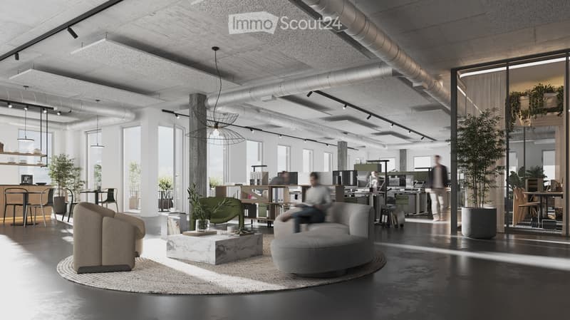 spacious open floor plan, desks, chairs, large windows, greenery, reading area, round coffee table, round rug, round couch