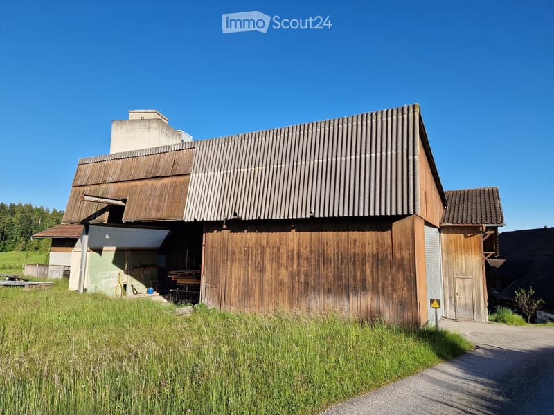 Old wooden barn with a garage, metal roof, large windows, surrounded by tall grass