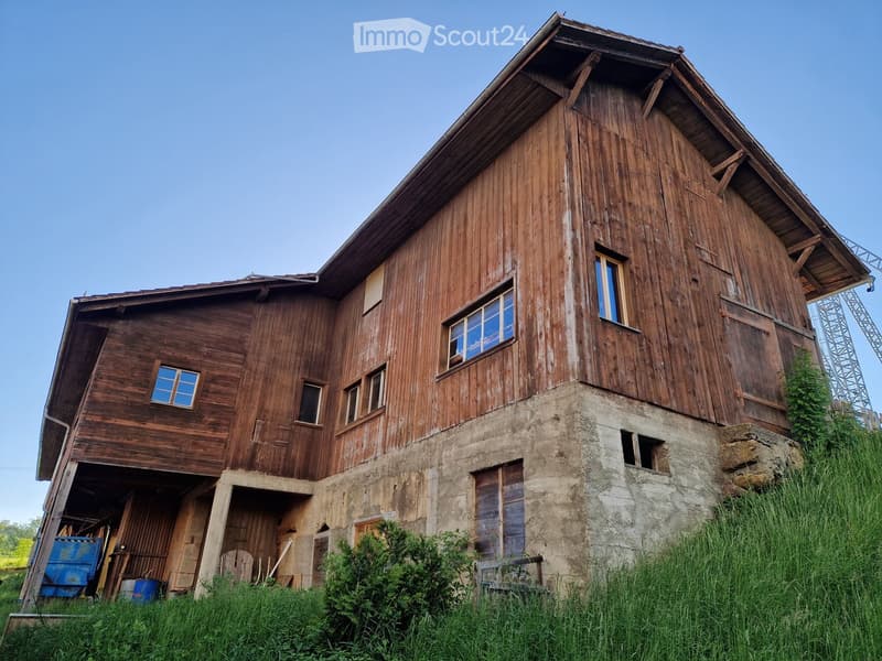 Old wooden house, raised ground floor, concrete foundation, wooden walls, multiple windows, overgrown vegetation