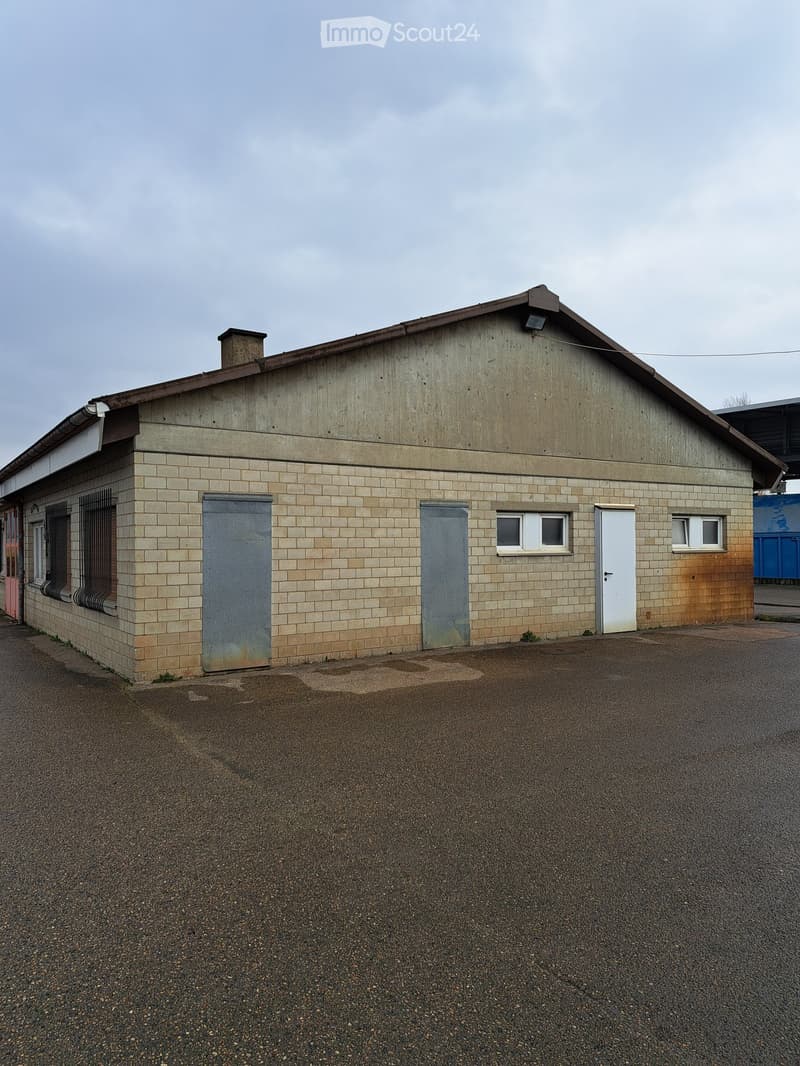 single-story building with brick walls, a flat roof, two large metal doors, one white door, several small windows, and an open parking lot in front