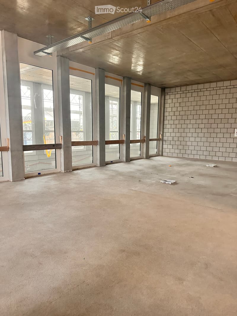 large room, multiple glass doors, concrete floor, no fixtures