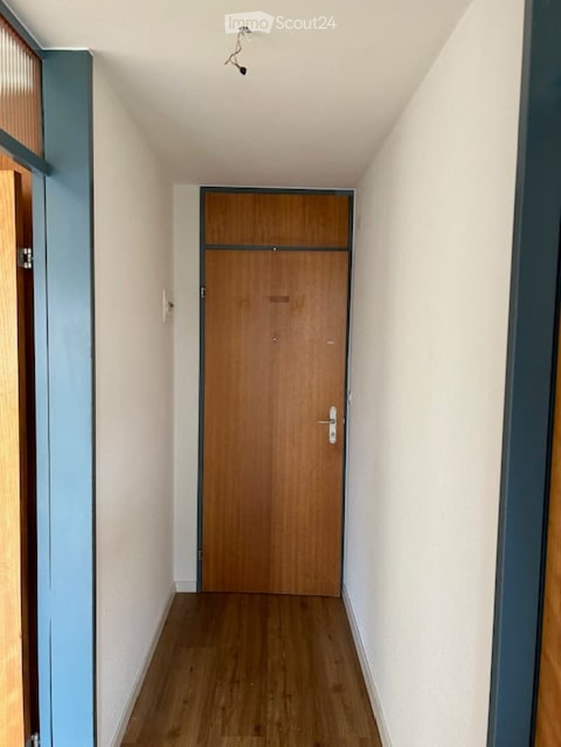 Hallway with wooden floor, brown door, white walls, and blue accents