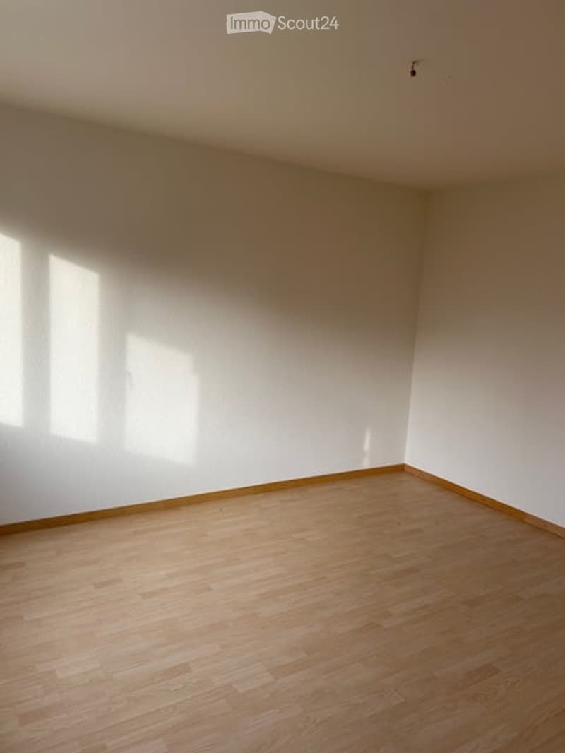 Empty room with white walls, wooden floor, three windows, ceiling light