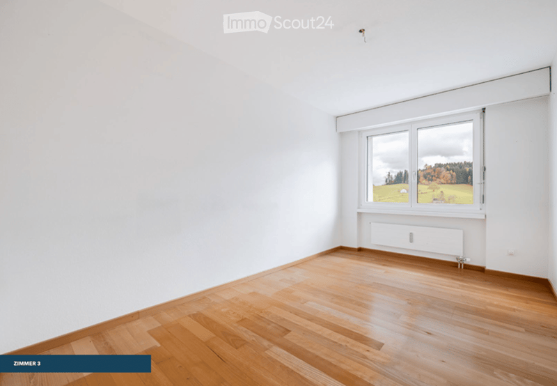 Empty room with white walls, wooden floor, large window showing a scenic view, and a radiator below the window.