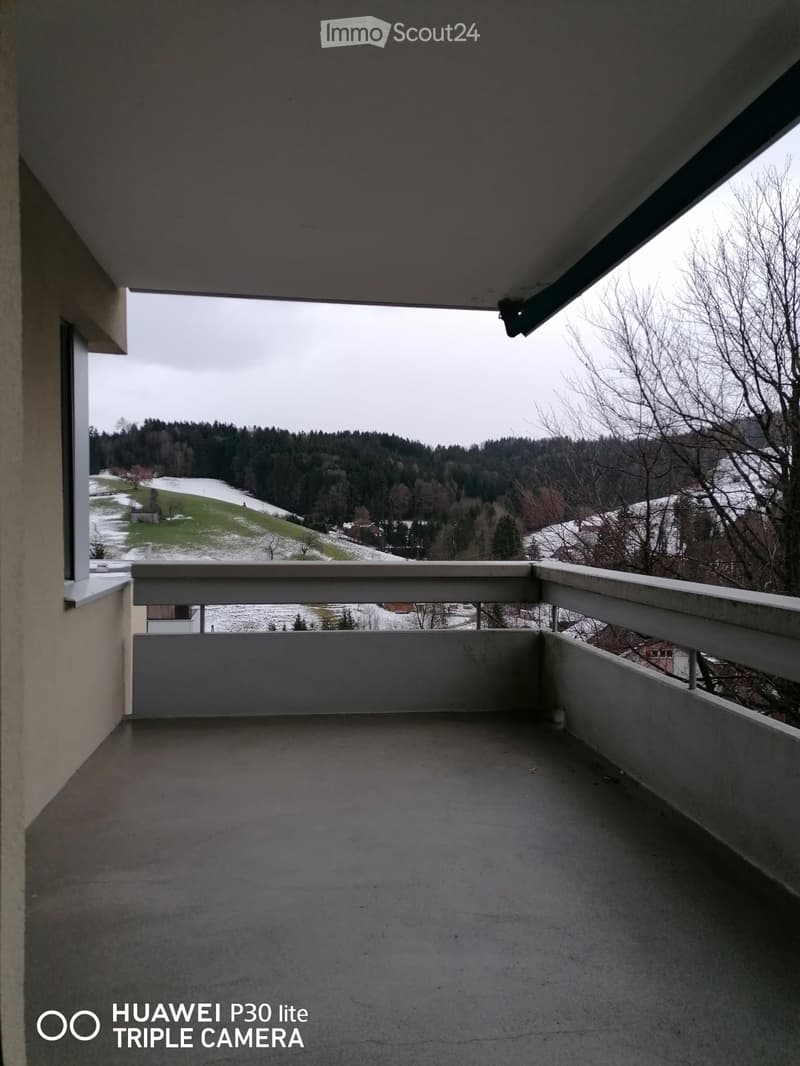 Balcony with railings, snowy landscape in background