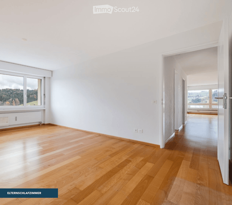 Empty room with light wooden flooring, white walls, large window offering a scenic view, and a visible radiator below the window.