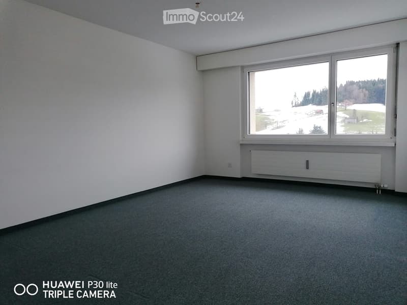 an empty room with white walls and a grey floor, big window with a view