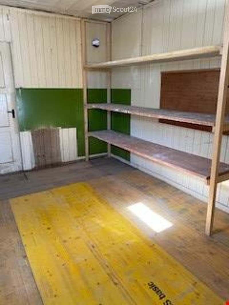 Storage room with yellow floor, two wooden shelves, white door, and green-painted wall