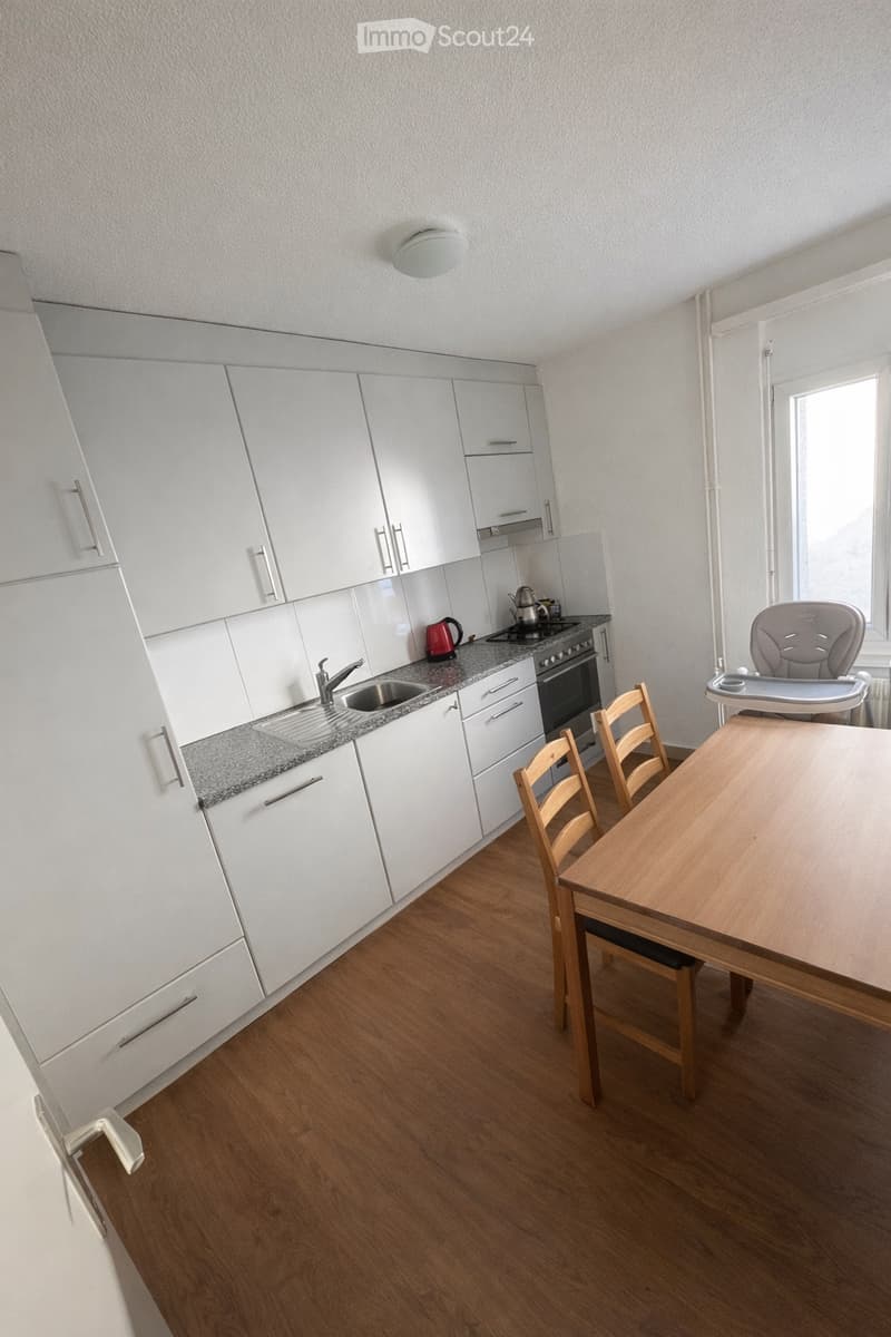 White kitchen, modern design, granite countertop, dishwasher, private washing machine, 2 chairs, wooden table, kitchen appliances