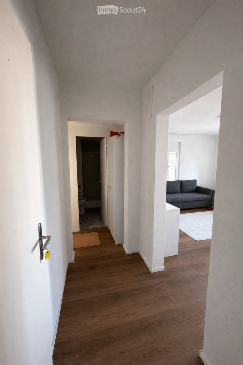 Empty hallway, wooden floor, white walls, doorway to bathroom, entrance to living room with sofa
