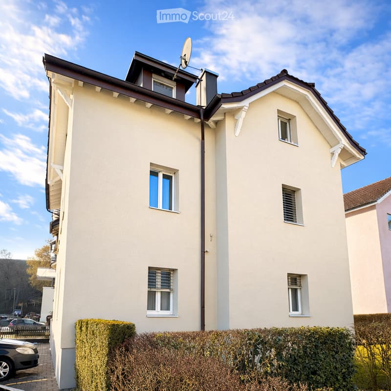 Raised ground floor, beige house, brown roof, satellite dish, windows with shutters, hedges