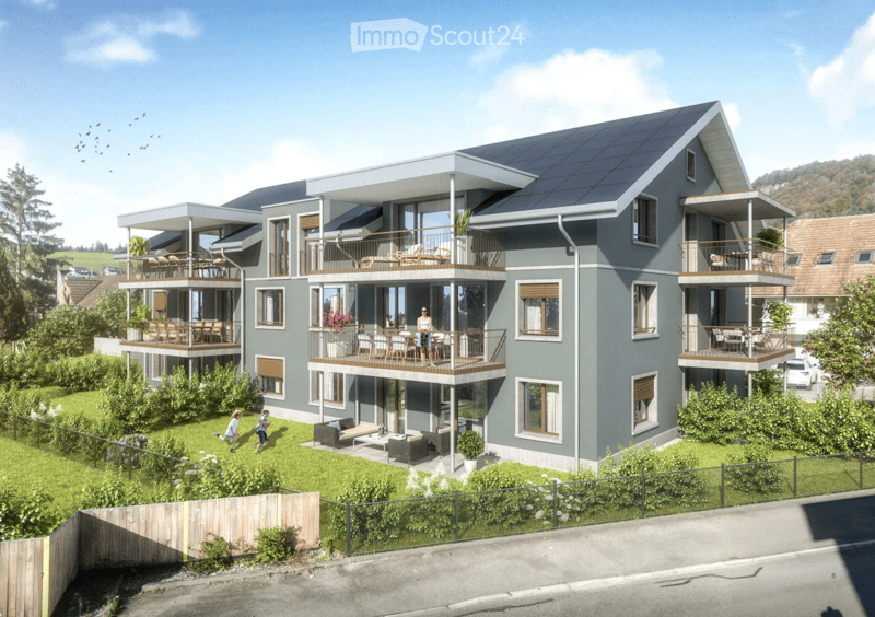 Multi-story apartment building, solar panels, multiple balconies, green areas, outdoor seating