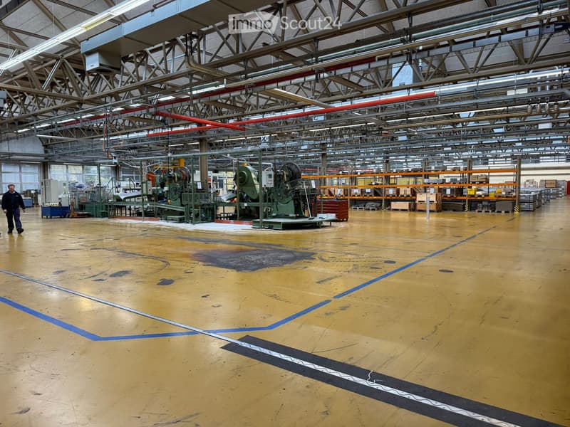 Empty manufacturing plant with yellow flooring, industrial machinery, overhead storage racks, large open space, metal structure roof, metal pipes, and one person.