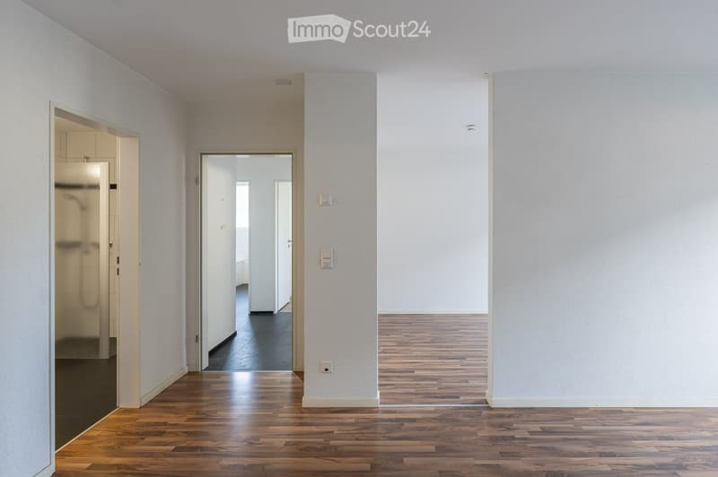empty room, white walls, hardwood floors, doorways, power outlet, glass shower