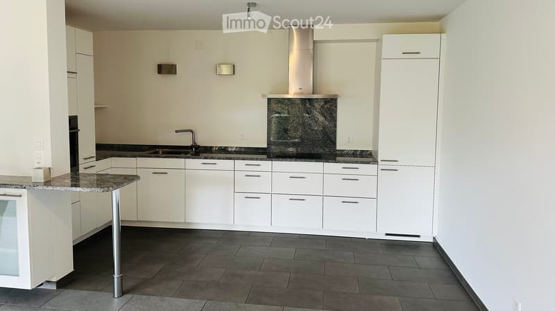 white cabinets, gray countertops, stainless steel sink, faucet, black stove, black oven, granite backsplash, stainless steel range hood