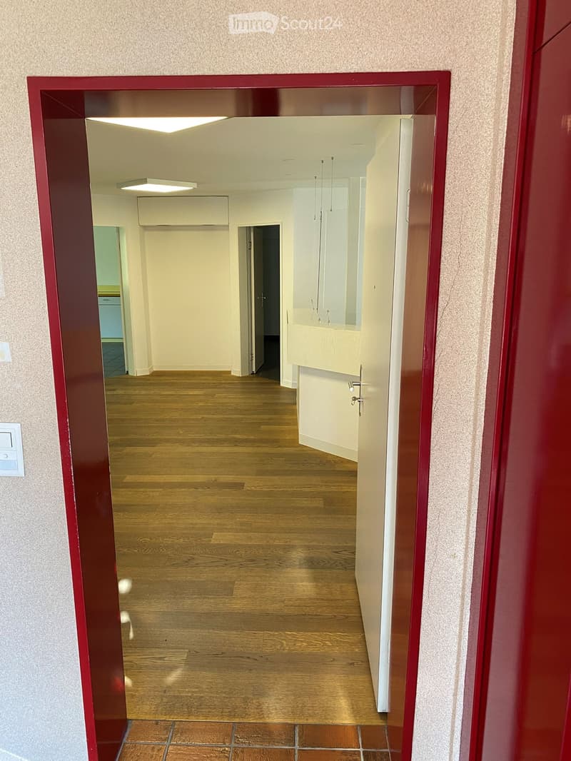 Corridor with hardwood floors, hallway leading to an open room, ceiling lights