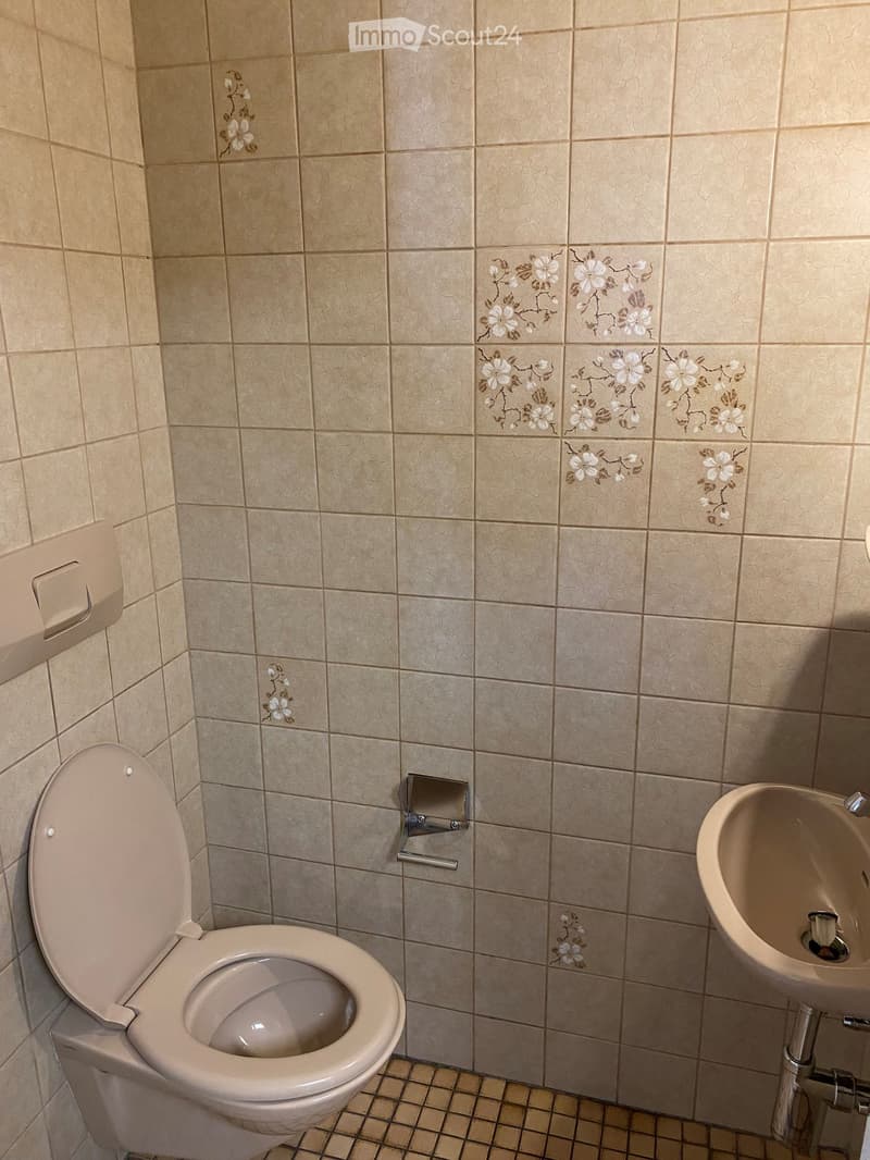 toilet and sink, tiled walls and floor