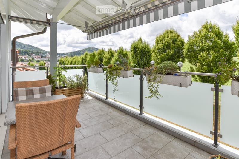 glass railing, wooden table, cushioned chairs, plants, metal posts