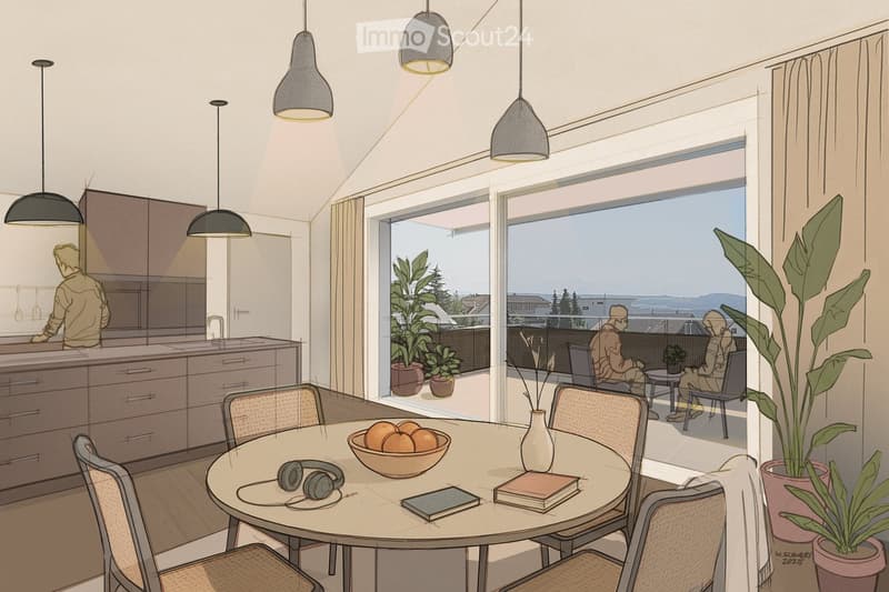 a table with 4 chairs, bowl of oranges, a round table, books, headphones, a counter with a sink, cabinets