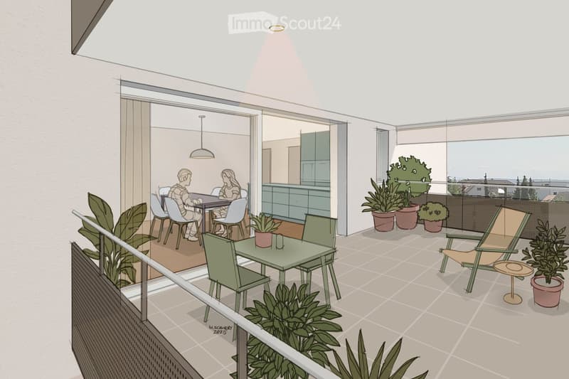 Balcony/Terrace with dining area and living area, surrounded by plants