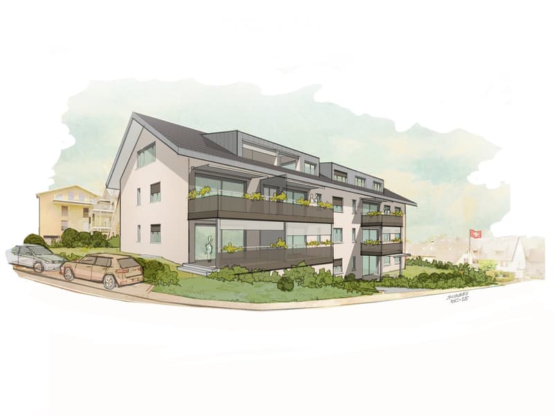 Apartament building, 4 floors, balconies, planted area
