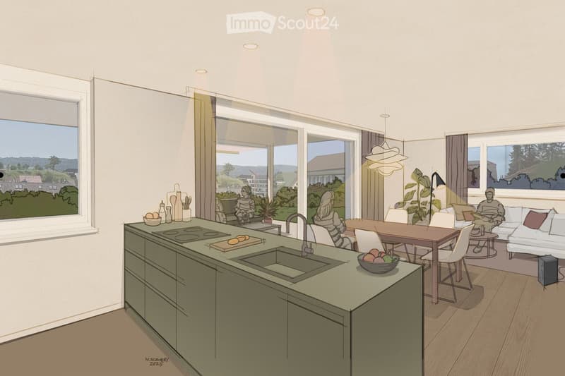 kitchen, dining area, living room, terrace, large windows