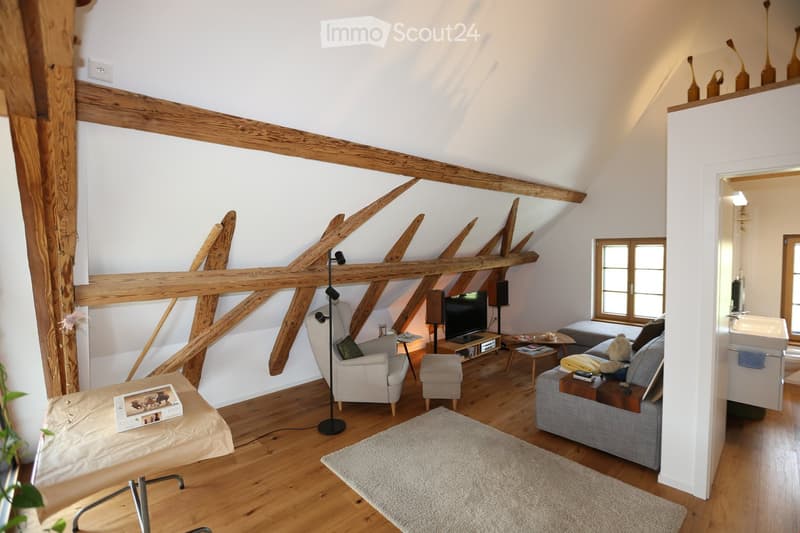 Wooden beams, hardwood floor, large rug, sofa, armchair, coffee table, television, speakers, side table, puzzle, floor lamp, hallway
