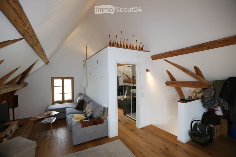 Exposed wooden beams, L-shaped sofa, fireplace, coffee table, TV, couch cushion, wooden floor, window, closet