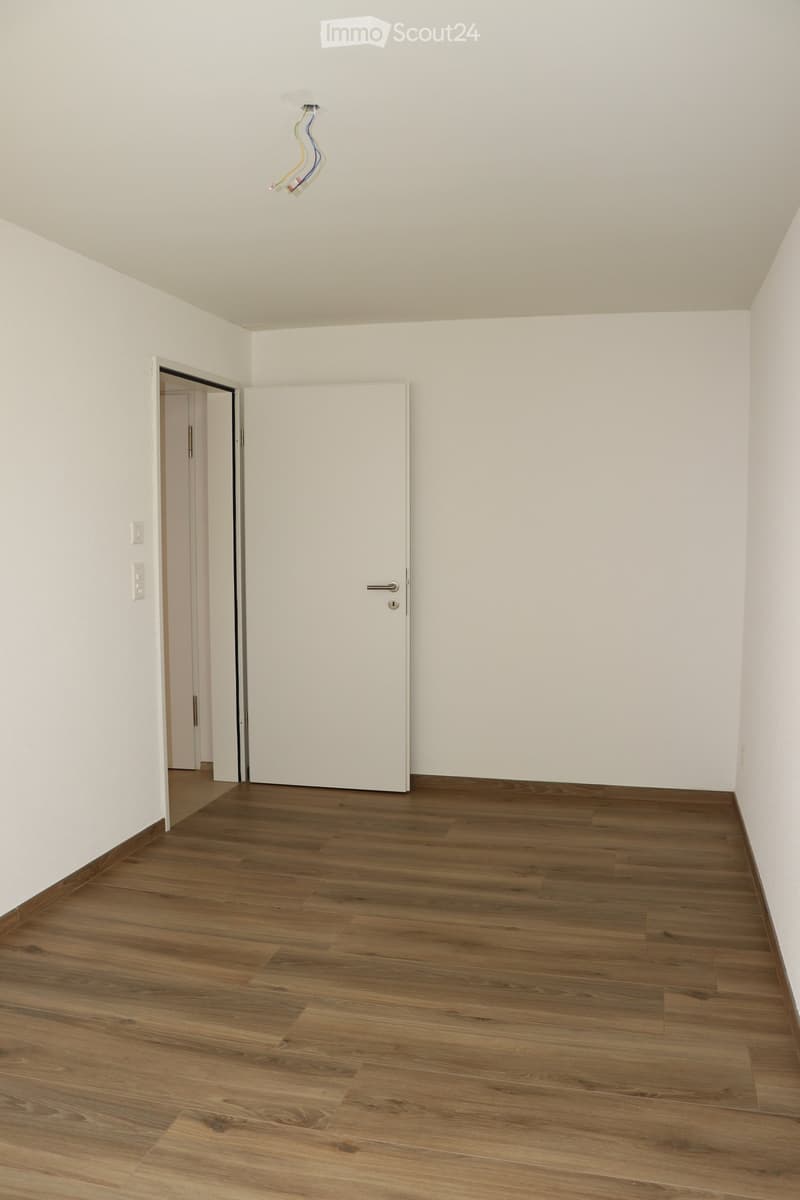 white walls, wooden floor, white door, switches, light cables