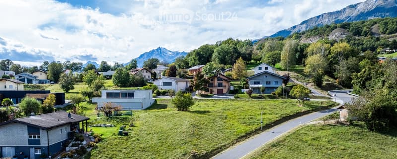 several houses on a mountain slope with trees and mountains in the background