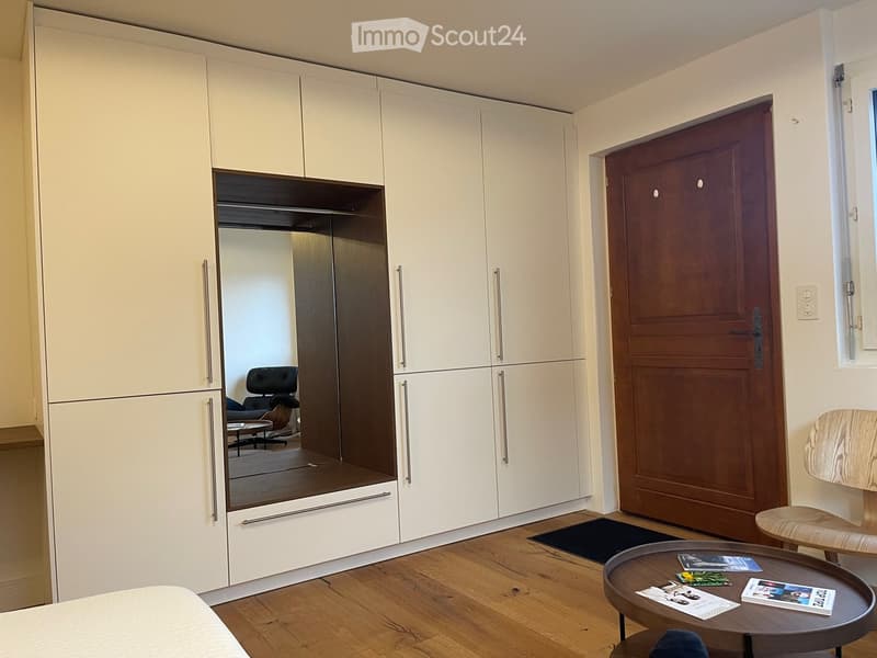 modern bedroom with large wardrobe, wooden flooring, desk, chair, mirror, and entry door