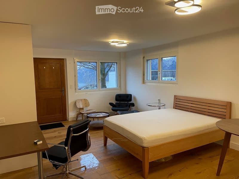 single bed, wooden desk, wooden chairs, bedside table, window, wooden flooring