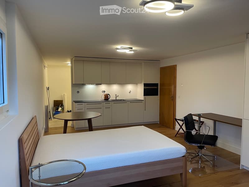 Bedroom with a double bed, wooden floor, desk, and modern kitchen with open plan living.