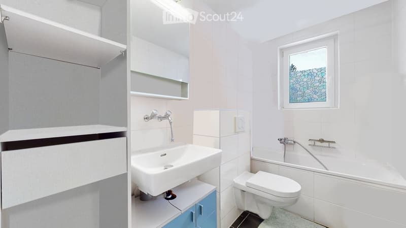 modern white bathroom, bathtub, sink, toilet, built-in shelves, window with frosted glass