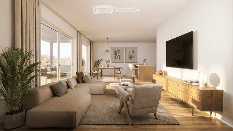Large window, couch, chair, desk, TV, rug, plant, open kitchen