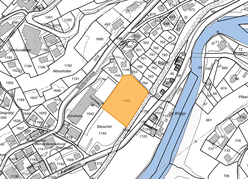 The map shows a plot of land, number 1145, along a river and bordered by streets.