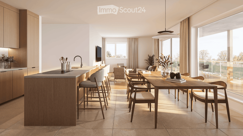 Modern open plan kitchen-dining room with floor-to-ceiling windows and balcony access, wooden dining table, oak chairs, and sleek modern kitchen.