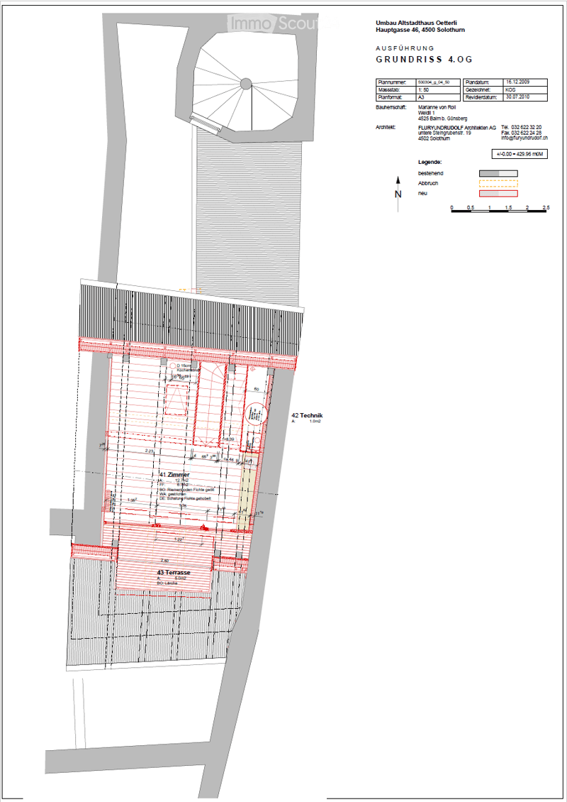 ground floor plan, basement, two terraces, kitchen, living room, bedroom, raised floor