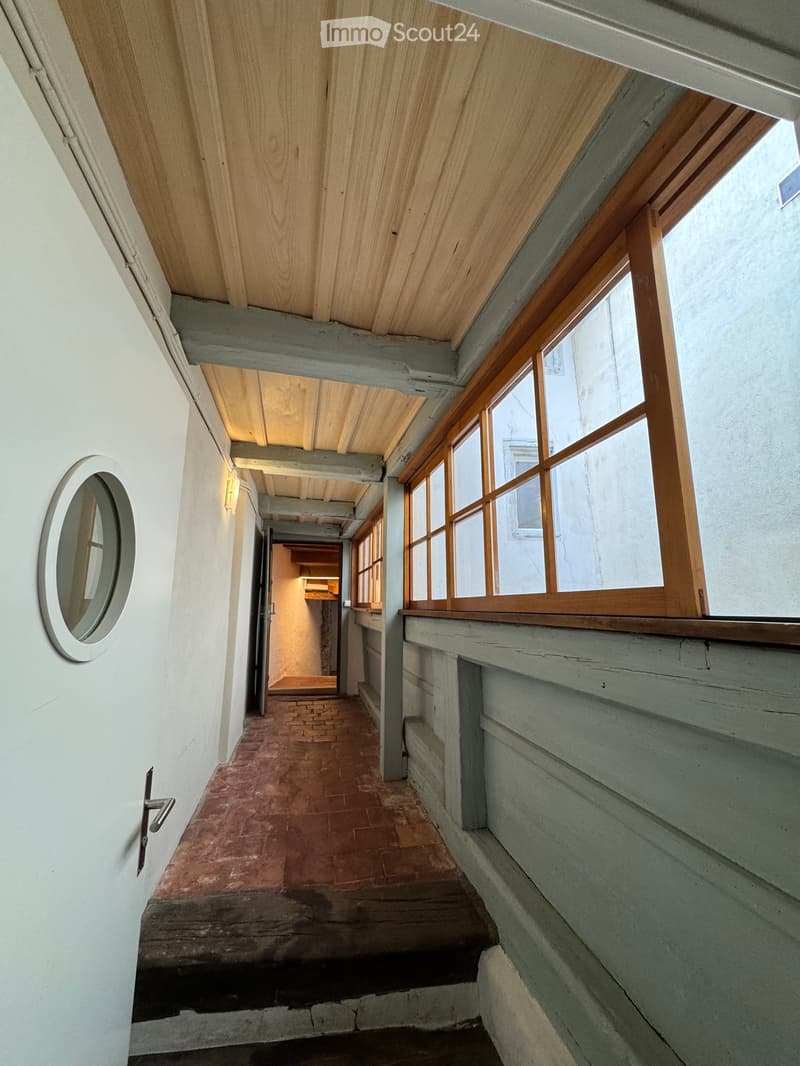 Corridor / Hallway. A narrow hallway with wooden paneling, brick floor, and large windows on one side. Features a round mirror on the left wall and a small shelf visible in the background.