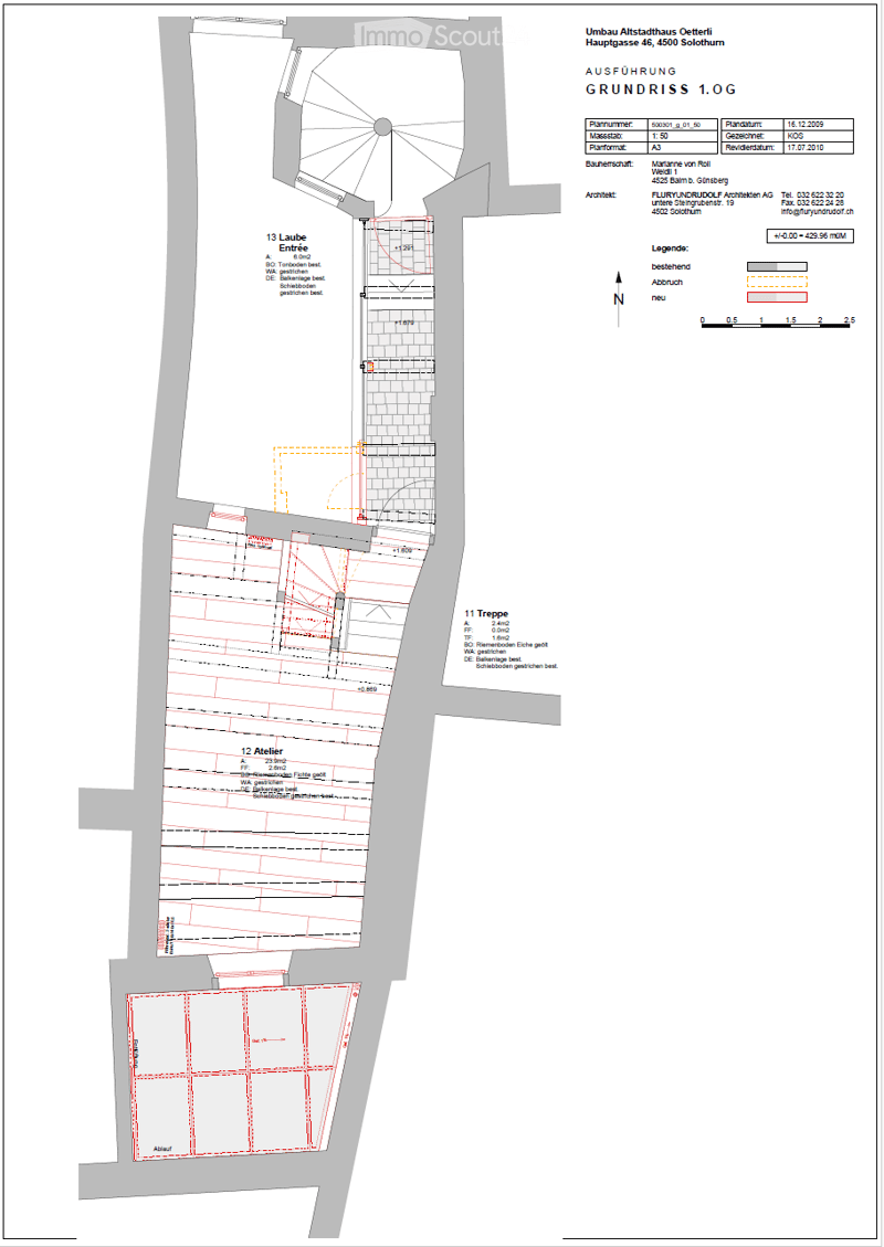 Floor plan includes multiple sections such as 'Laufe', 'Atelier', and 'Treppenhaus'. Specific floor area measurements and zoning information are detailed.