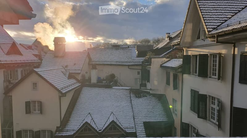 Old town, rooftops covered with snow, narrow streets, chimneys, trees, clear sky