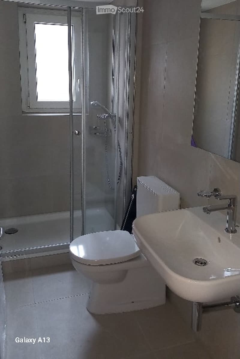 modern bathroom, glass shower, white toilet, white sink, large mirror