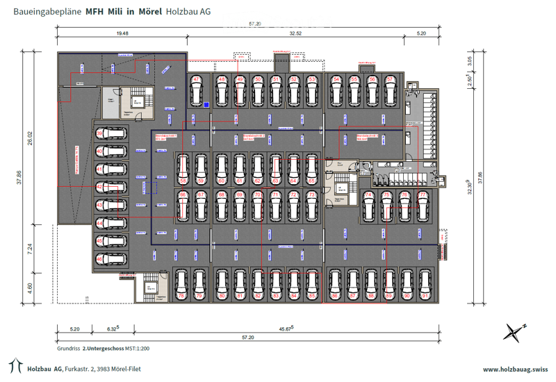 Parking space layout with numerous numbered parking spaces and designated entrance and exit points