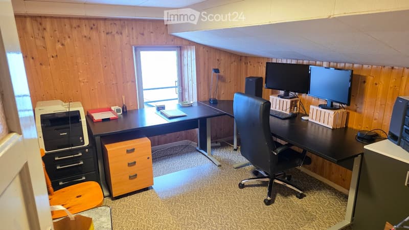 Office setup: desk, chair, computers, printer, storage, carpet, windows, lamps